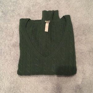 Aqua Pine Green Cabled Cashmere V-Neck Sweater